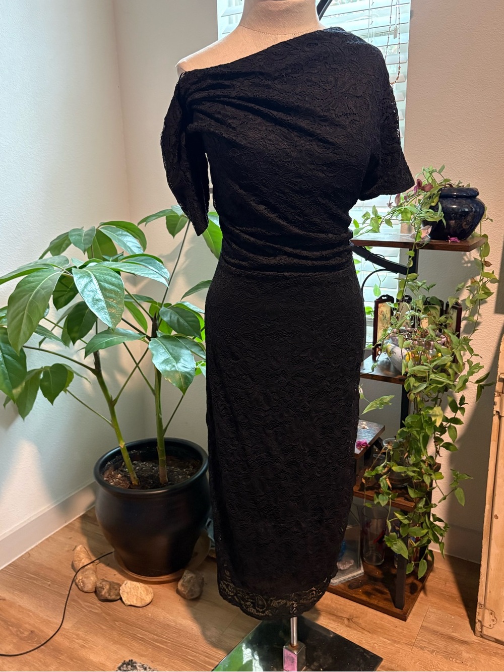 ASOS Black A-Symmetrical Neckline with Off the Shoulder Ruched Lace Midi Dress